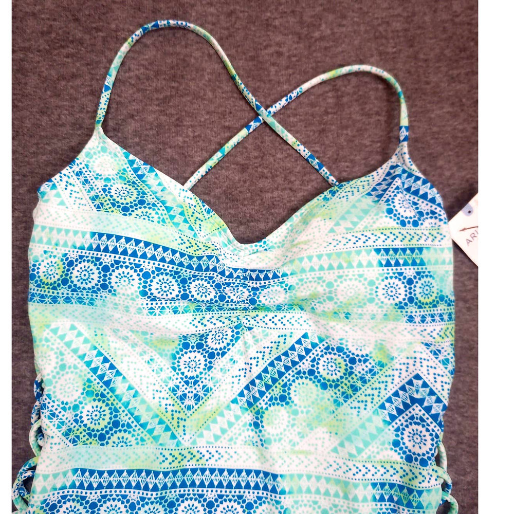 NWT Arizona Size S Blue Aqua Bohemian Tie Dye Strappy One Piece Swimsuit - Picture 3 of 7